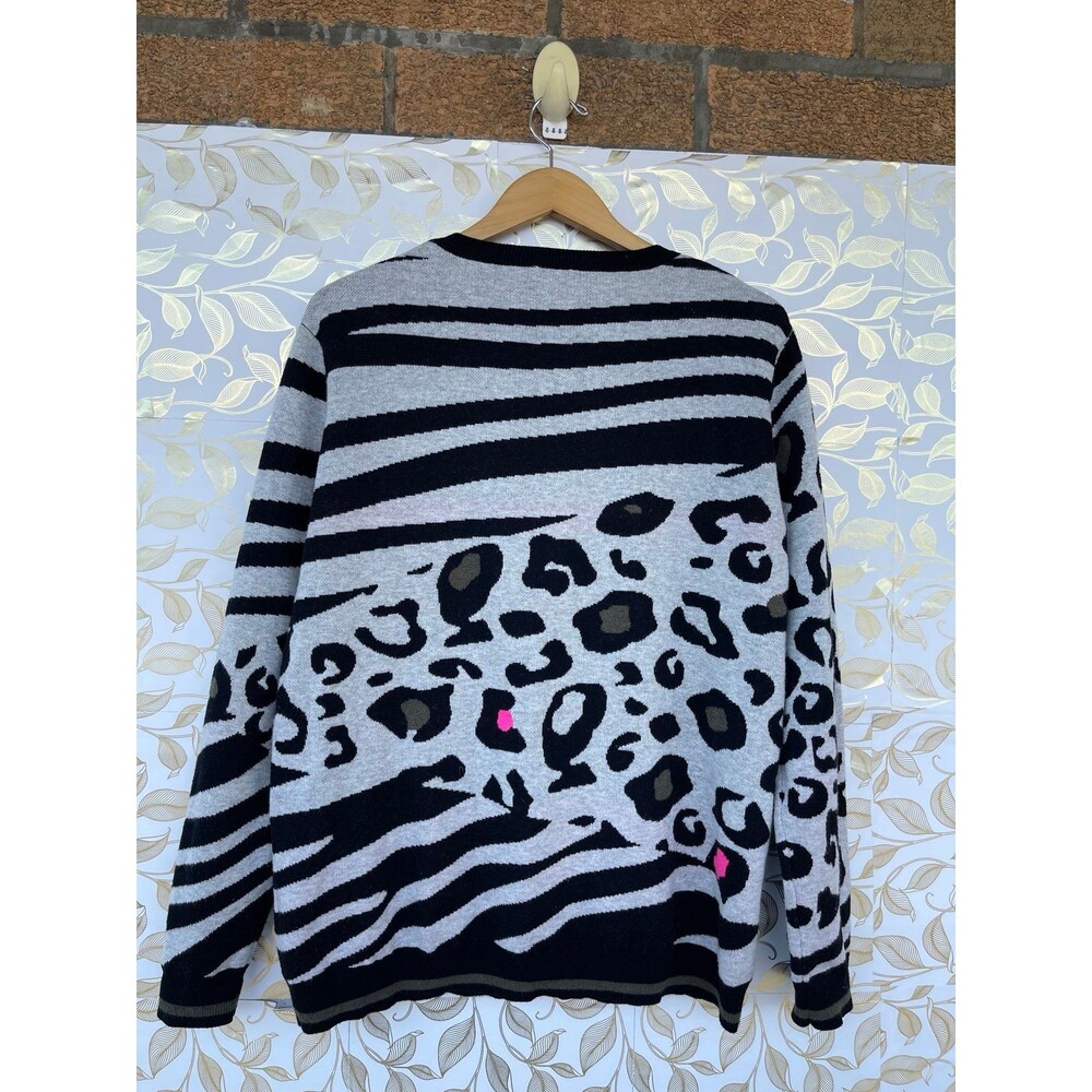 Brodie WISPR Silk Cotton Cashmere Zebra Leopard Animal Print Sweater L Grey Neon - Picture 3 of 7